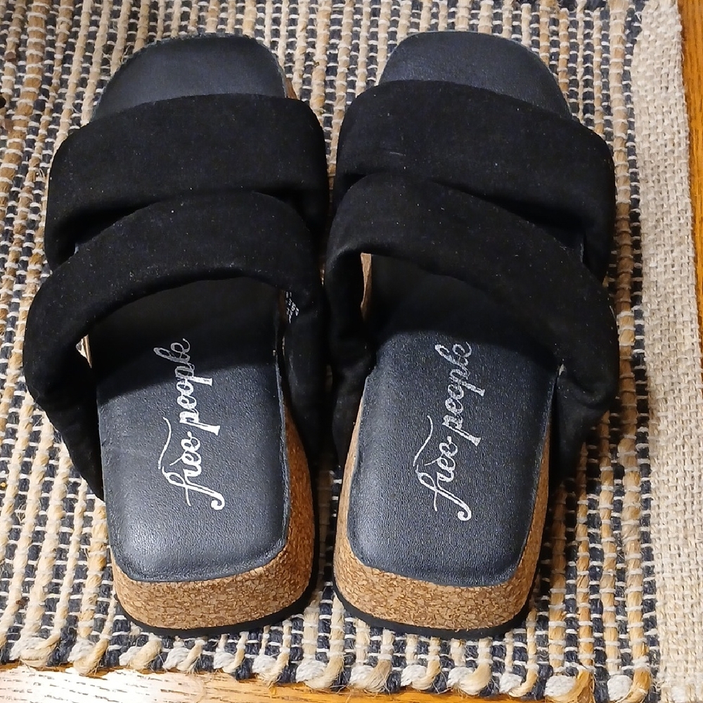 Free People Black Double-Strap Cork Platform Slides